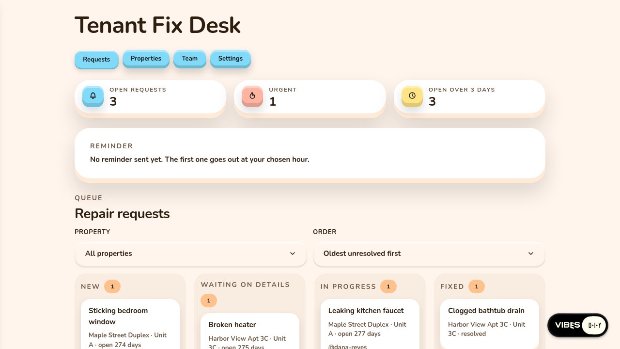 Platform screenshot of the Rental repair tracker app built in round six